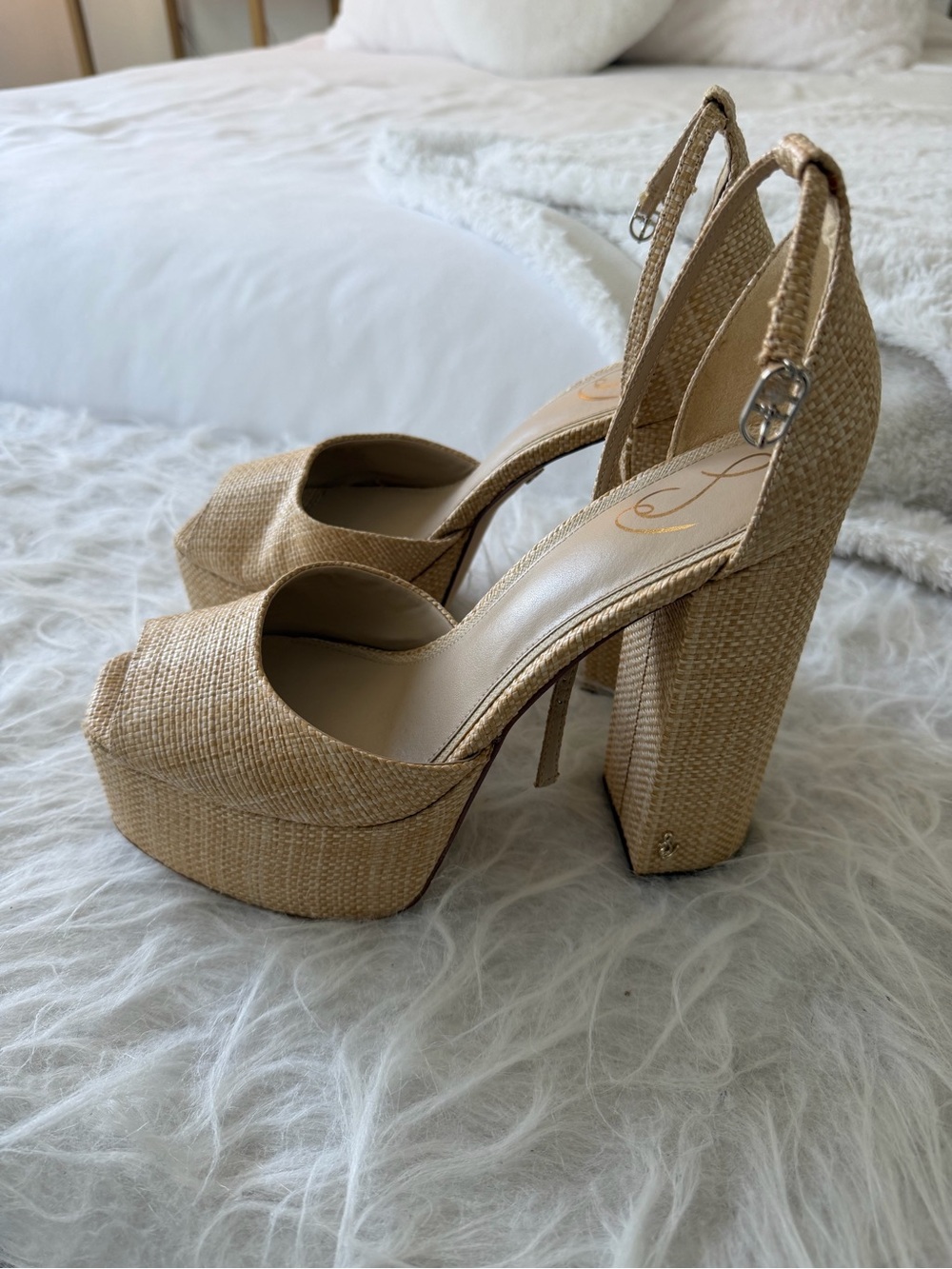 Sam Edelman Platform Peep-Toe Slingback Heels in Natural Raffia